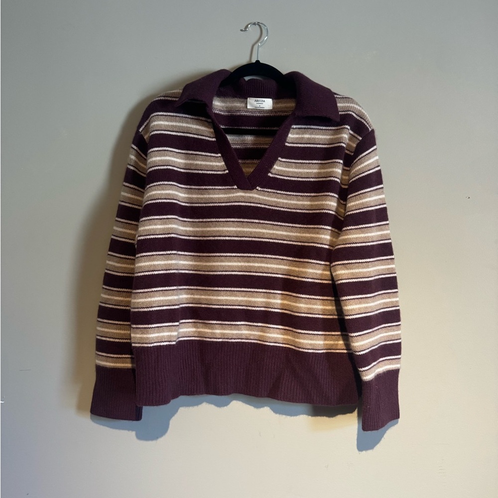 Aritzia Cashmere Striped V-Neck Sweater in Plum and Cream